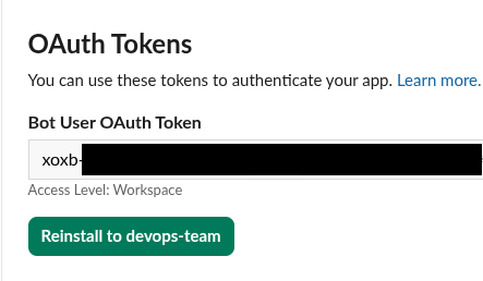 Bot User OAuth Token generated