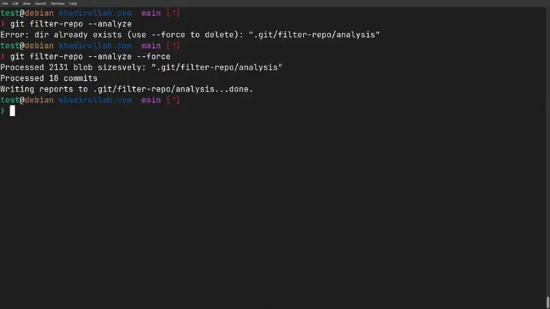 Running –analyze again shows the error, then –force overwrites it, now showing 18 commits