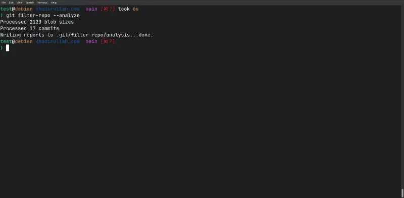 filter-repo –analyze processes all blobs and commits, writing reports to .git/filter-repo/analysis/