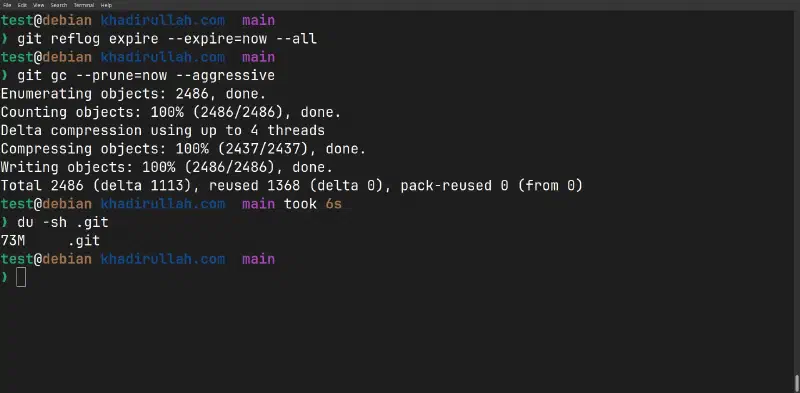 reflog expire + gc –prune=now –aggressive took 6 seconds, final repo size: 73MB
