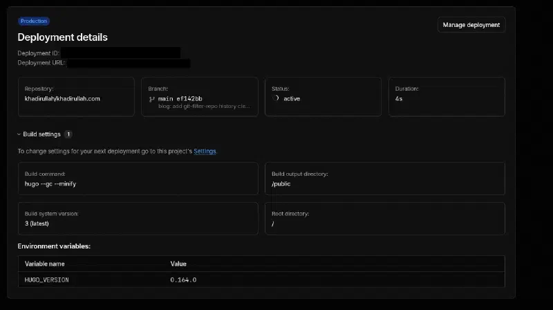 The retried deployment showing status “active” with HUGO_VERSION now correctly set to 0.164.0 in the build settings