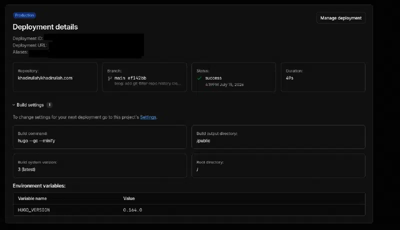 Deployment details showing status “success” after building in 49 seconds with HUGO_VERSION 0.164.0